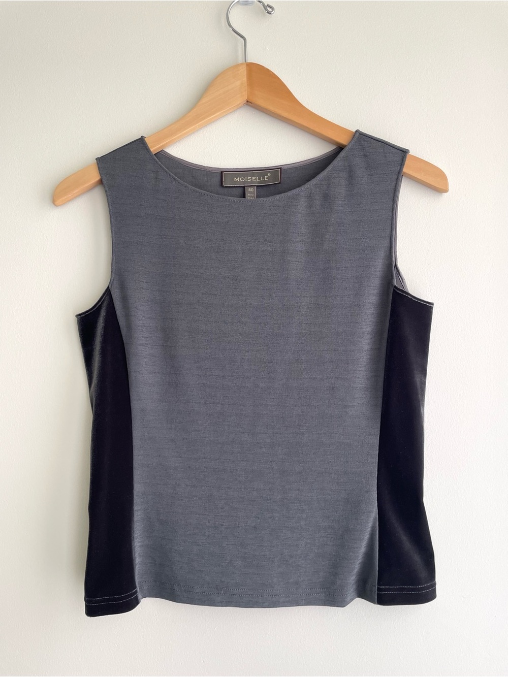 Moiselle Gray Sleeveless Office Chic Top with Black Velvet Side Panel corpgoth